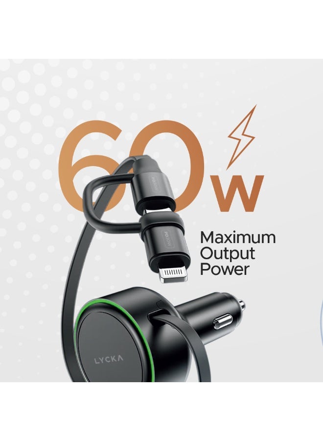 Lycka Rocket PD60+ 60W Type-C & Lighting Fast Car Charger with Built-in 2-in-1 Cable - Image 2